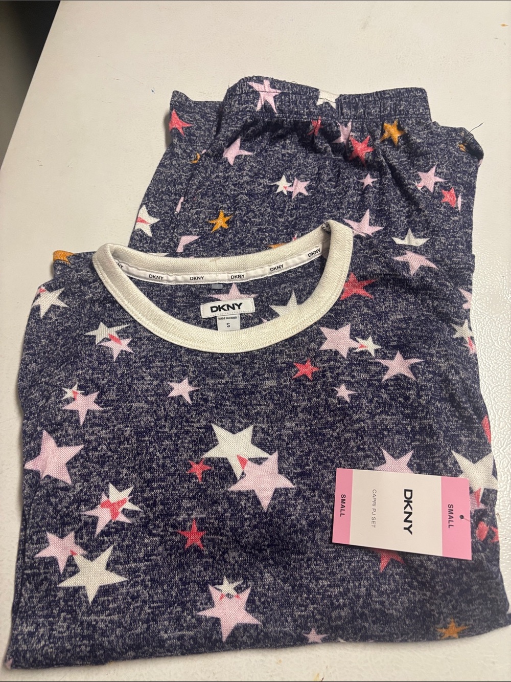 DKNY Navy Star-Print Kids Pajama Set with Pink & White Stars
